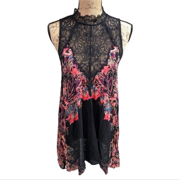 Free People Intimately Marsha Black Print Lace Slip Trapeze Dress XS High‎ Neck - Picture 5 of 9